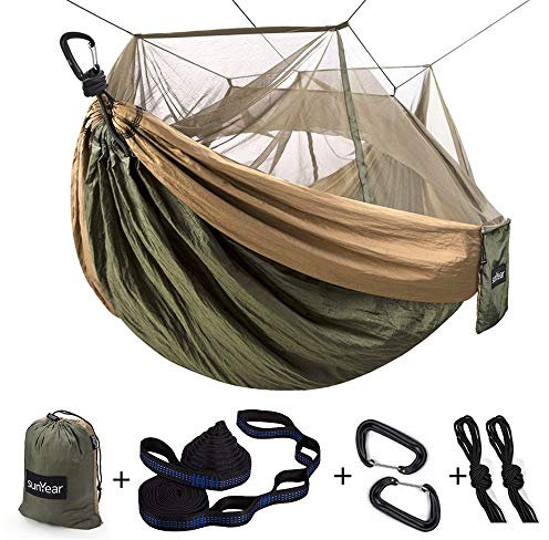 Einzel- und Doppel-Camping-Hängematte mit Moskito-/Insektennetz, tragbare Outdoor-Hängematte für 2 Personen, 3 m lange Hängematten-Baumgurte und 2 Karabiner, einfach einzurichten
