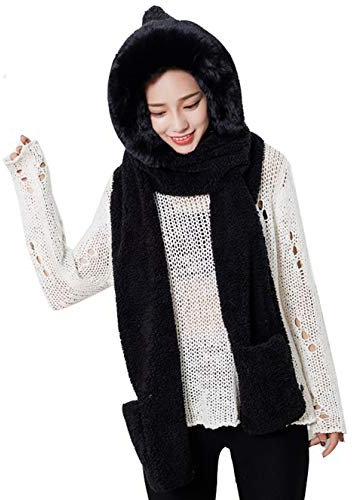 Cheerlife Damen Fleece Schal mit Kapuze und Handschuhe warme Kapuzenschal3-in-1 Multifunktion Schal Mütze Handschuhe Mützenschal Schwarz