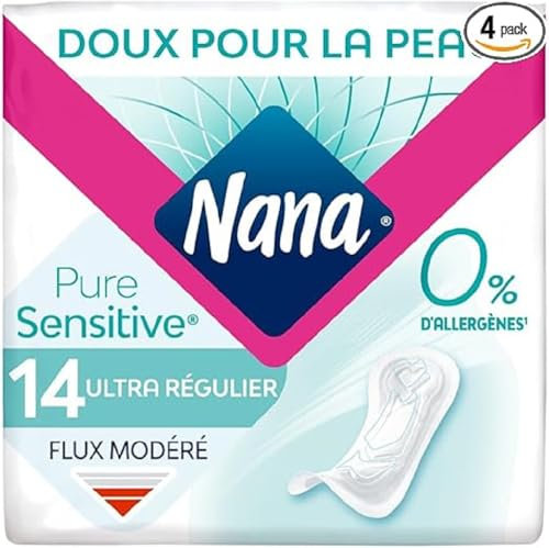 Nana PureSensitive Serviettes Hygiéniques Ultra Régulier - Flux Modéré - 0 % Allergène*, Parfum, Colorant - 14 Unité (Lot de 4)