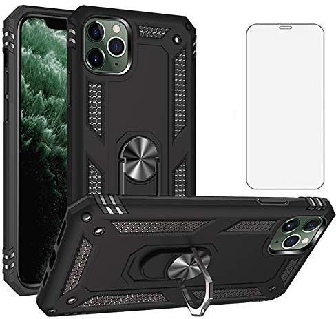 Phone Case for iPhone 11 Pro 2019 5.8 inch with Tempered Glass Screen Protector Cover and Magnetic Stand Ring Holder Shockproof Heavy Duty Accessories iPhone11pro iPhone11 11s 11p 11pro XI Black