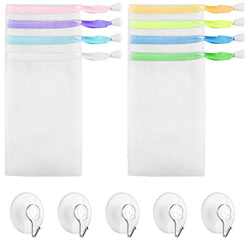 Sac à Savon, 8Pcs Pochette de Savon Nylon, Filet Savon Solide Douche avec 5Pcs Crochet Ventouse, Sachet de Savons avec Cordon pour Douche Nettoyage Visage Soins Peau Masage(Couleurs Aléatoires)