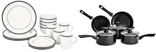 Amazon Basics - Vajilla para 4 personas (16 piezas), diseño de rayas + Juego de utensilios de cocina de inducción antiadherente