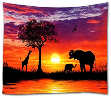 A.Monamour Wandteppich Schattenbild Elefanten Giraffe Baums Afrikanischen Tiere Bunten Himmel Stoff Tapisserie Wandbehang Wanddeko Wandkunst Wandbilder Wandtuch für Wohnzimmer Schlafzimmer