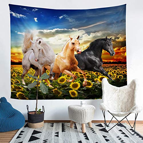 Tbrand Pferd Wandteppich Galoppierendes Bauernhaus Gedrucktes Tapisserie 130x150cm Sonnenblumen Blumen Drucken Wandbehang für Jugendliche Raumdekoration Blossom Blumen
