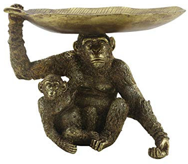mucHome Dekofigur Affenfigur mit Blattschale/Tablett Polyresin Gold H:22cm Skulptur Tierfigur Dschungel Deko