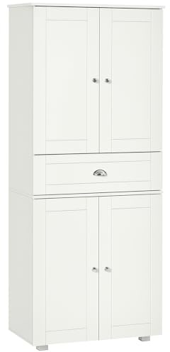 HOMCOM 184cm Tall Kitchen Cupboard, Freestanding Kitchen Pantry Storage Cabinet with 4 Doors, 3 Adjustable Shelves, Drawer, Anti-tipping Device, Sideboard Organiser for Dining Room, Living Room, White