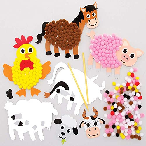 Baker Ross FE573 Bauernhof-Bastelset mit bunten Pompons, selbstklebend, 5 Stück