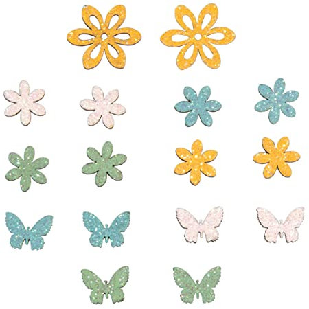 Rayher Miniature Legno Fiore + Farfalla, Colori Misti, 2.3-4 cm, C. Punto Adesivo, Busta Blister 16P, 46635999