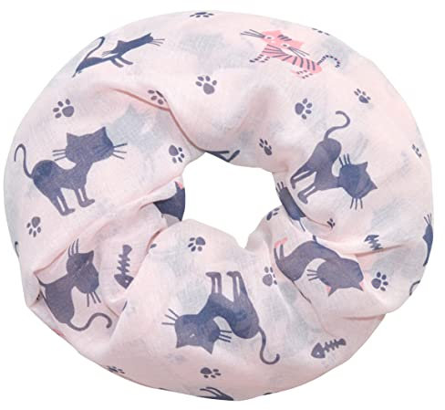 thb Richter Damen Loopschal Schlauchschal mit katzenmotiv Katzen und Fischgräten Katze-Fußabdruck Cat Halsschal Tücher Loop Weich (Rosa)