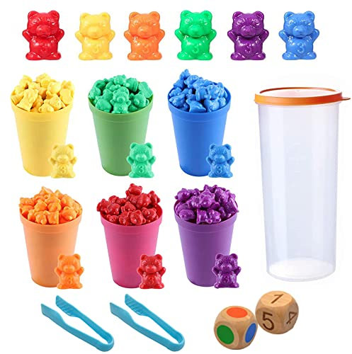 XNFIVE Bären Zählen Set Montessori Mathe Spielzeug für Kinder, 71 PCS Bunt Zählen Bären Sortieren Lernspielzeug Spiel mit Passenden Bechern, Würfeln und Pinzetten für Kleinkinder