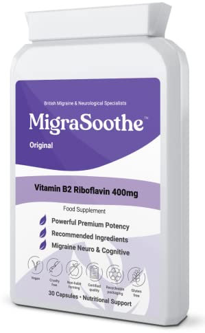 Premium Vitamin B2 Riboflavin 400mg per Capsule -Migrasoothe-B Pharma Manufacturing Standards UK Made Migraine Support, Stress, Tremors & Energy Vegan. Nice Recommended Vitamin B2 400 (30)