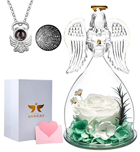 ANWEAO Mom Birthday Flowers Gifts for Mom,Glass Angel Figurines Preserved Real Rose with I Love You Necklace in 100 Languages, Valentines Rose Gifts for Women,Gifts for Her Grandma Unique Flower Gift