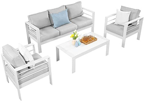 MeXo Lounge-Set Aluminium 6-7 Personen Gartenmöbel Set Metall Modern, Garten Sitzgruppe Wetterfest mit Sofa Sessel Tisch Olefin Kissen Auflagen für Indoor Outdoor (Weiß - für 5 Personen)