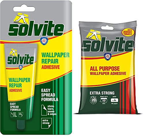 Solvite Wallpaper Repair Adhesive & All-Purpose Paste, Extra-Strong & Long-Lasting, Green/Yellow, Grey, Red, 1x56g & 1x185g Sachet