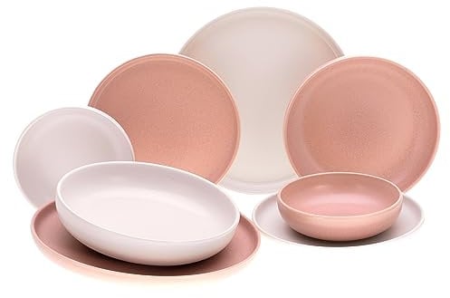 CreaTable, 10103, Serie Uno Rusty Rose + Offwhite, 8-teiliges Geschirrset, Teller Set aus Steinzeug, spülmaschinen- und mikrowellengeeignet, Made in Portugal