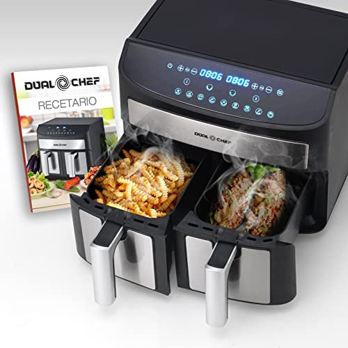 Freidora de aire saludable DUAL CHEF Sin aceite 2 recipientes independientes XXL 2 recetas listas a la vez 10 menús Función horno Ahorra energía Recetario