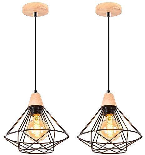 iDEGU 2 Stücke Pendelleuchten 22cm Industrielle Hängelampe aus Holz Metall Vintage Lampe mit Geometrischem Käfig Schwarz E27 Retro Hängeleuchte für Esszimmer Wohnzimmer Küche (1-flammig Pendellampe)