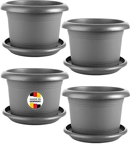 2friends Pflanzkübel mit Untersetzer, Gross Blumentopf 40 cm Durchmesser, 4er Set Blumentöpfe Pflanztöpfe, Blumenkübel Pflanztopf groß außen, Rundtopf Pflanzentopf, Anthrazit, Model: Kle