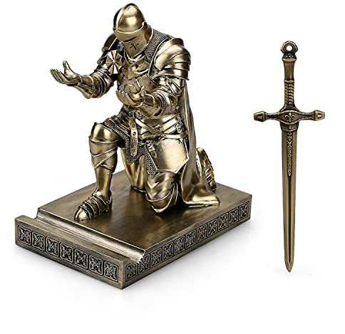 HDMbigmi King's Guard Leader Cloak Warrior Knight Pen Holder Mobile Phone Stand, Ornament Knight Statue, Pen Stand Paperweight with a Metal Sword Letter Opener for Office and Home (Bronze)
