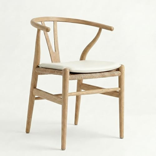 Tomile CH24 Wishbone Stühle Set of 2, Esszimmerstuhl, weißes PU-Kissen, handgeflochtener Hanfsitz, Y-Rückenlehne von Hans Wegner, komplett montiert (Eschenholz – Natur)