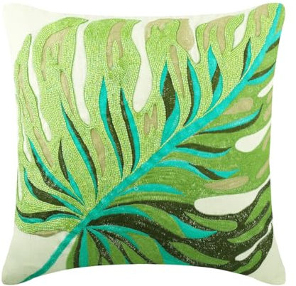 The HomeCentric Dekorativ Grün Kissen Überzüge, 2 Stück, 55x55 cm (22x22) Leinen Kissen, Kissenhülle mit Floal Monsteral Leaf & Perlen, Natur & Blumen Kissen, Modern Kissen Überzüge - Monstera Leaf