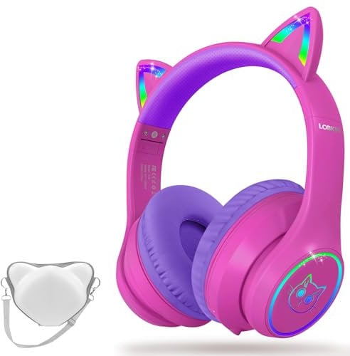 LOBKIN Auriculares Niños con Bolsa, Inalámbricos y con Cable, Auriculares Bluetooth Niños Niñas Plegables Ajustable para Escuela, Viajes