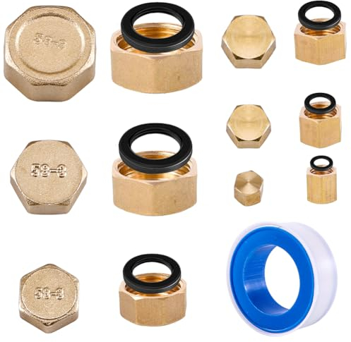 Messing Kappe 1/2 Zoll Innengewinde, 12 Stück Sechskant Messingkappe, Innengewinde Rohrkappe mit Sechskant, Schlauchkappen, Endkappe aus Messing, Gewindefitting für Garten Wasserleitung, 6 Größe