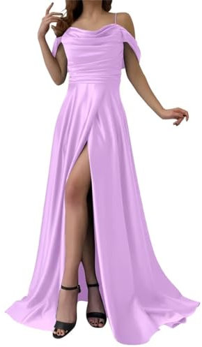 WSEYU Schulterfreies Brautjungfernkleid aus Satin, Wasserfallausschnitt, gerüscht, Korsett, formelles Kleid mit Schlitz, Flieder, 38