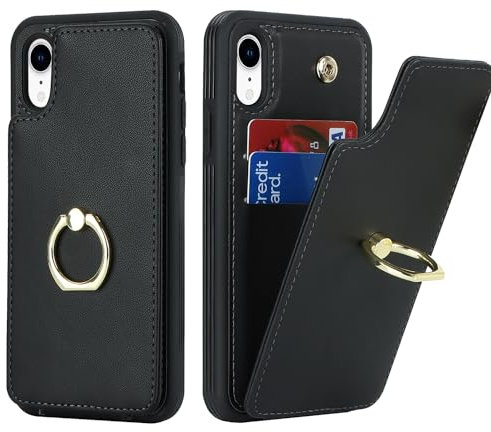 SailorTech für iPhone XR Handyhülle mit Kreditkartenhalter für Frauen, iPhone XR Hülle Ring-Ständer Kartenschlitze Standfunktion Modische Tasche für Männer - Schwarz