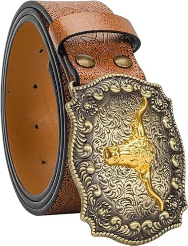 CaySep Western-Cowboy-Gürtel für Damen und Herren, Vintage-Blumen-Gravur, Stierkopf-Schnalle, Cowgirl-Taillengürtel für Taille von 64 bis 97 cm