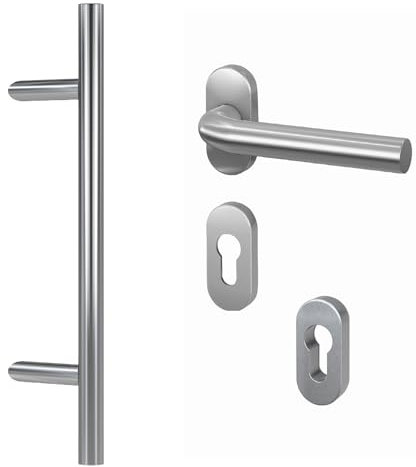 BASI | Komplettset für Haustür aus Edelstahl | Stoßgriff mit Beschlag und Abdeckungen | Haustürgriff Stangengriff | Länge: 600 mm - Abstand: 400 mm