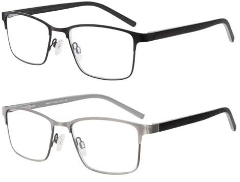 SKYWAY 2 Pack Lesebrillen Herren Metallrahmen Blaulichtblockierende Federscharnieren Computer Lesebrille für Herren Anti-Ermüdung/Blendung/UV (+2.5,Schwarz/Gunmetal)