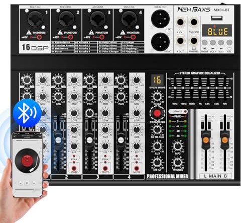 Professioneller Audio-Mixer, 4-Kanal-Audio-Soundboard-Mischpult, System-Monitor, NEW BAXS 16-Bit DSP, DJ-Bluetooth-Mixer, Audio-Reverb-Effekt + 48 V Phantom für Karaoke-Studio-Streaming-Aufnahme