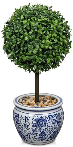 Hollyone Bolas de boj artificiales de 40 cm, árbol artificial pequeño de cerámica, maceta de cerámica azul y blanca, planta artificial para interior y exterior, entrada de terraza, porche
