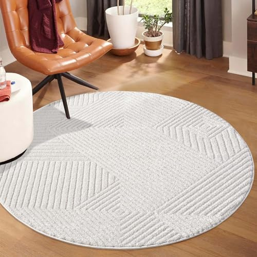 carpet city Kurzflor Teppich Creme - 160 cm Rund - Wohnzimmer-Teppiche Hochtief-Muster, 3D-Effekt - Geometrisches Muster, Gestreift - Flachflor Bodenbelag, Deko Schlafzimmer