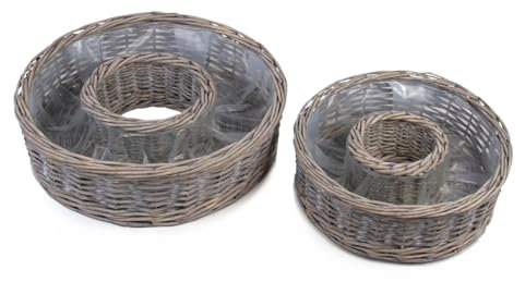 Weide Pflanz-Ringe in grau als wetterfeste Pflanzschalen - 2 runde Pflanzkästen in 40, 50 cm als Blumen-Korb Pflanzkübel für außen - Große Pflanz-Körbe als Blumen-Schale oder Grab-Schmuck