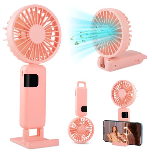 Ventilador Portátil de Pie Plegable Mini Ventilador de Mano USB Batería Recargable Silencioso Potente Pequeño Colgante Ventiladores de Mesa 5 Velocidades LED Viento Fuerte Hand Fan (Rosa)