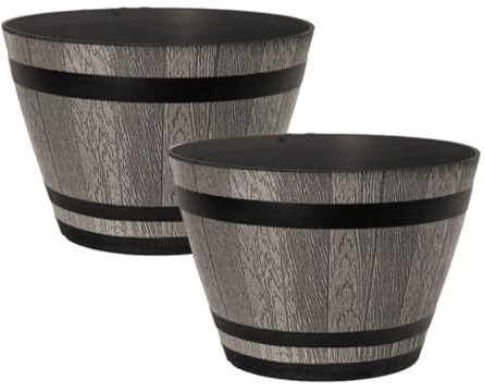 Fyne-Finds Set of 2 Plastic Whiskey Barrel Planters 35cm, 14inch Brown Ash 18L Outdoor Garden Decor Plant Pots with Drainage Holes