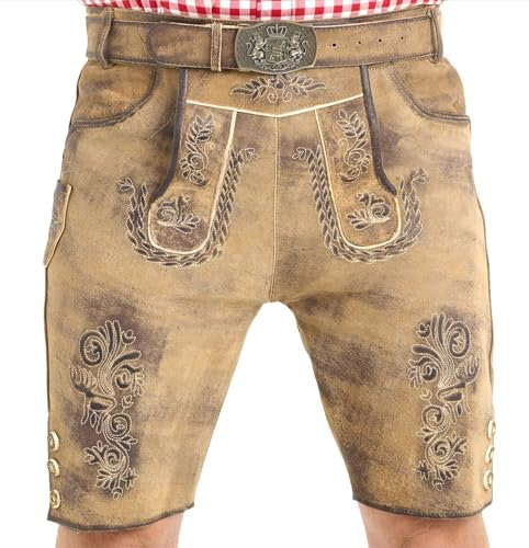 SYMPHONIE WESTERWALD Bayerische Herren Trachten Lederhose mit Trachtengürtel + Hosenträger, speckig, antik Look, Antikbraungrau, Gr. 58