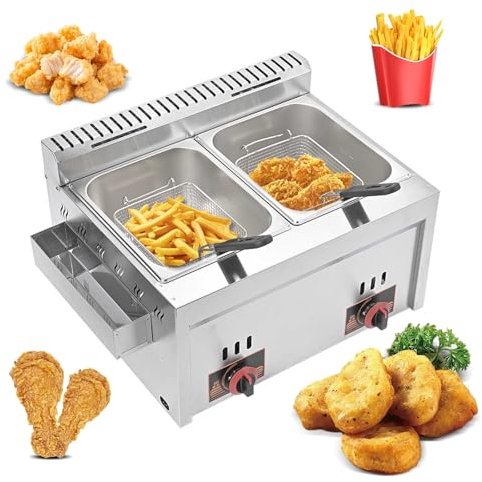 20L Gasfritteuse mit großem Fassungsvermögen – Gewerbe-LGP-Fritteuse mit Zwei Tanks – Gewerbe-Fritteuse aus Edelstahl mit Körben und Deckeln – einstellbare Feuerkraft – für Zuhause und Gewerbe