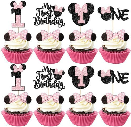 Xsstarmi 24 Pack Mouse Pink Bow Mini First Birthday Cake Decorations, Cupcake Toppers and Picks for Baby Shower Party Decors