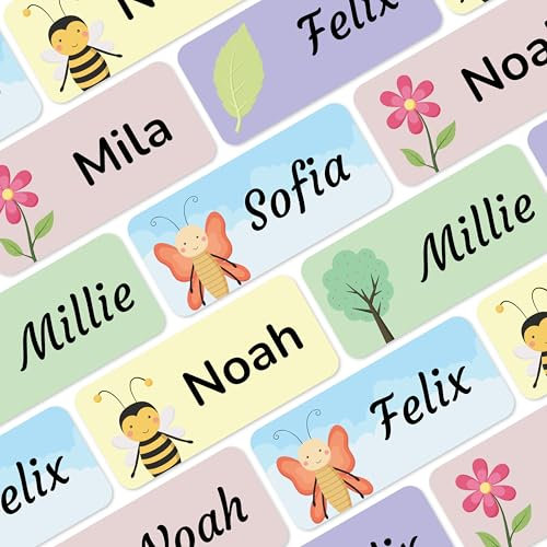 Namensaufkleber für Kinder (60 Stück) - Wasserfeste Namensschilder für Kleidung und Gegenstände, Personalisierte Textiletiketten selbstklebend für Kita & Schule - Natur