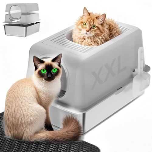 Katzenklo Edelstahl, Große Top Entry Katzenklo mit Deckel für große Katzen, Cat Litter Box Gehäuse hohe Seiten, Geschlossene Katzentoilette Edelstahl mit Scroop und Mat