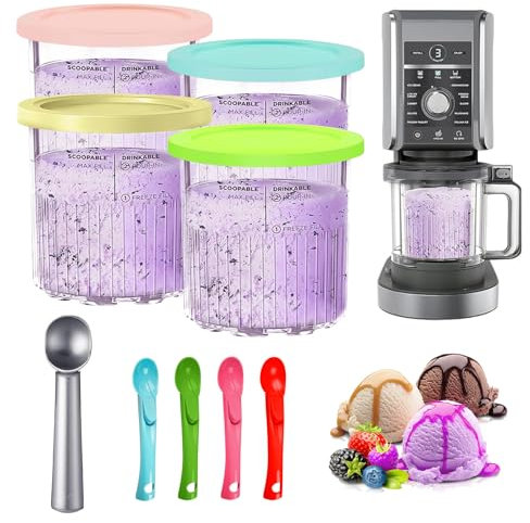 4 Piezas Recipiente de Helado para Ninja Creami Deluxe Pints, 24 oz Recipientes para Creami con 5 Cuchara, Accesorios para Recipiente para Hacer Helados para NC500 NC501 Serie, Sin BPA