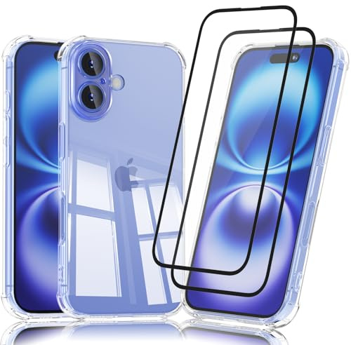 Meliya Clear Case for iphone 16, 1 Phone Cover with 2 Pack Tempered Glass Screen Protector, Shockproof Protective Camera Cover - Transparent