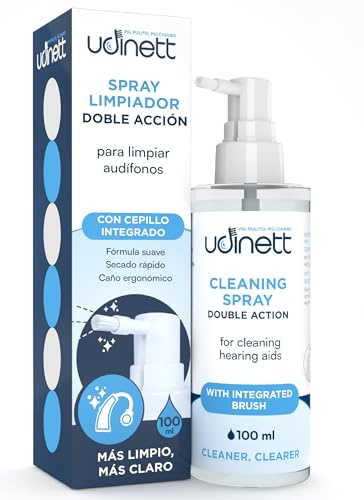 Hörgeräte-Reinigungsspray 100ml mit Bürste Udinett - entfernt Schmutz und Ohrenschmalz mit sofortiger Desinfektionswirkung zum Reinigen von Ohrhörern und Bluetooth-Kopfhörern - alkoholfreie Formel