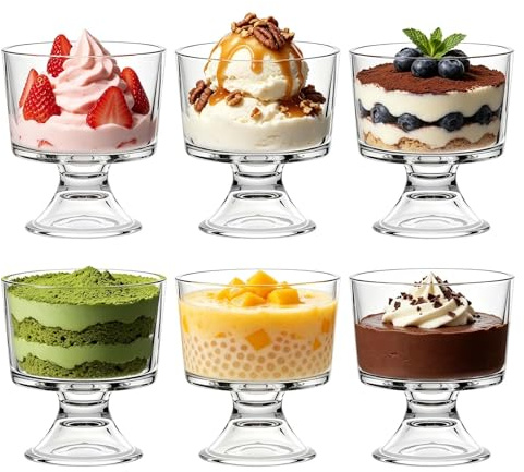 KIXINY Set of 6 Glass Dessert Bowls, 280 ML Sundae Glasses Ice Cream Bowls, Elegant Short Stem Cocktail Glasses Perfect for Desserts Mousse Fresh Fruit Salad