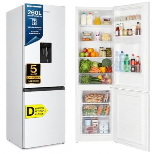 HEINNER Kühl-Gefrierkombination freistehend 260 L mit Wasserspender, Inverter-Kompressor, Kühlschrank mit Gefrierfach, weiß, LED-Beleuchtung, wechselbarer Türanschlag, Energieklasse D