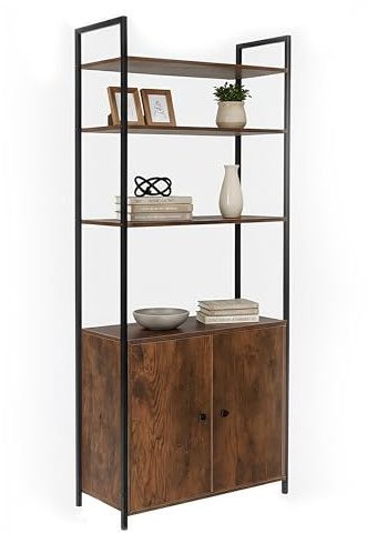 Relaxdays Bücherregal, HBT: 159,5 x 60 x 24 cm, 6 Fächer, Regal mit Unterschrank, MDF, Metall, Standregal, braun/schwarz