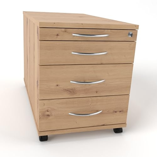 Rheinland Möbel Rollcontainer CADI 43×80×51 cm – abschließbarer Bürocontainer in Asteiche mit Orga- & 3 Universal-Schubladen, Metall-Bogengriff